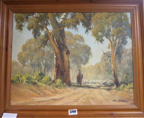 Ted Lewis Australian sheep farmer driving his flock 35 x 45cm